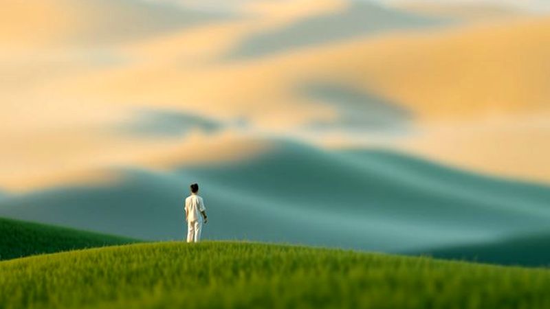 Figura solitaria contempla paisaje sereno y tranquilo