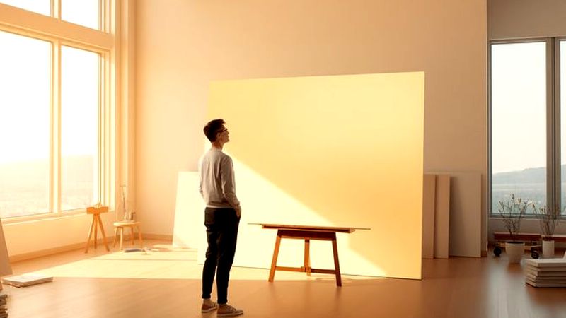 Un artista contempla un cuadro luminoso