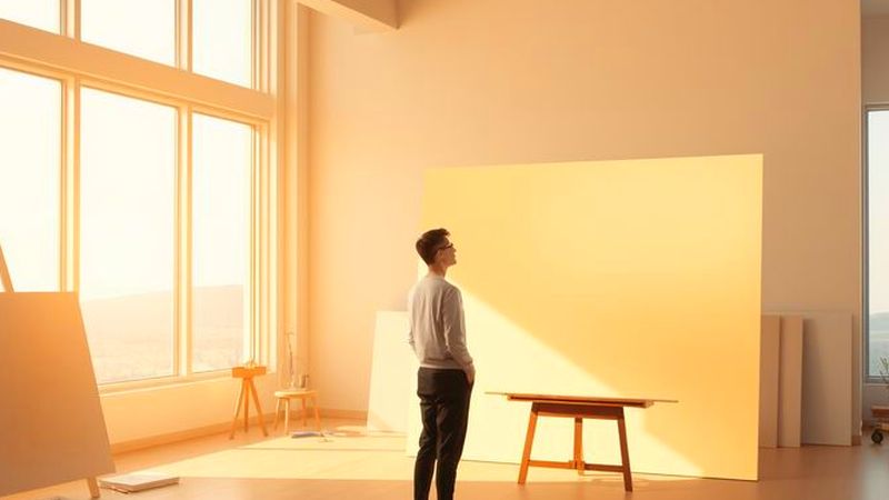 Un artista contempla un cuadro luminoso