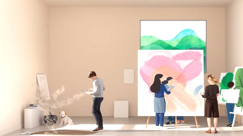 Un artista dibuja en un estudio luminoso